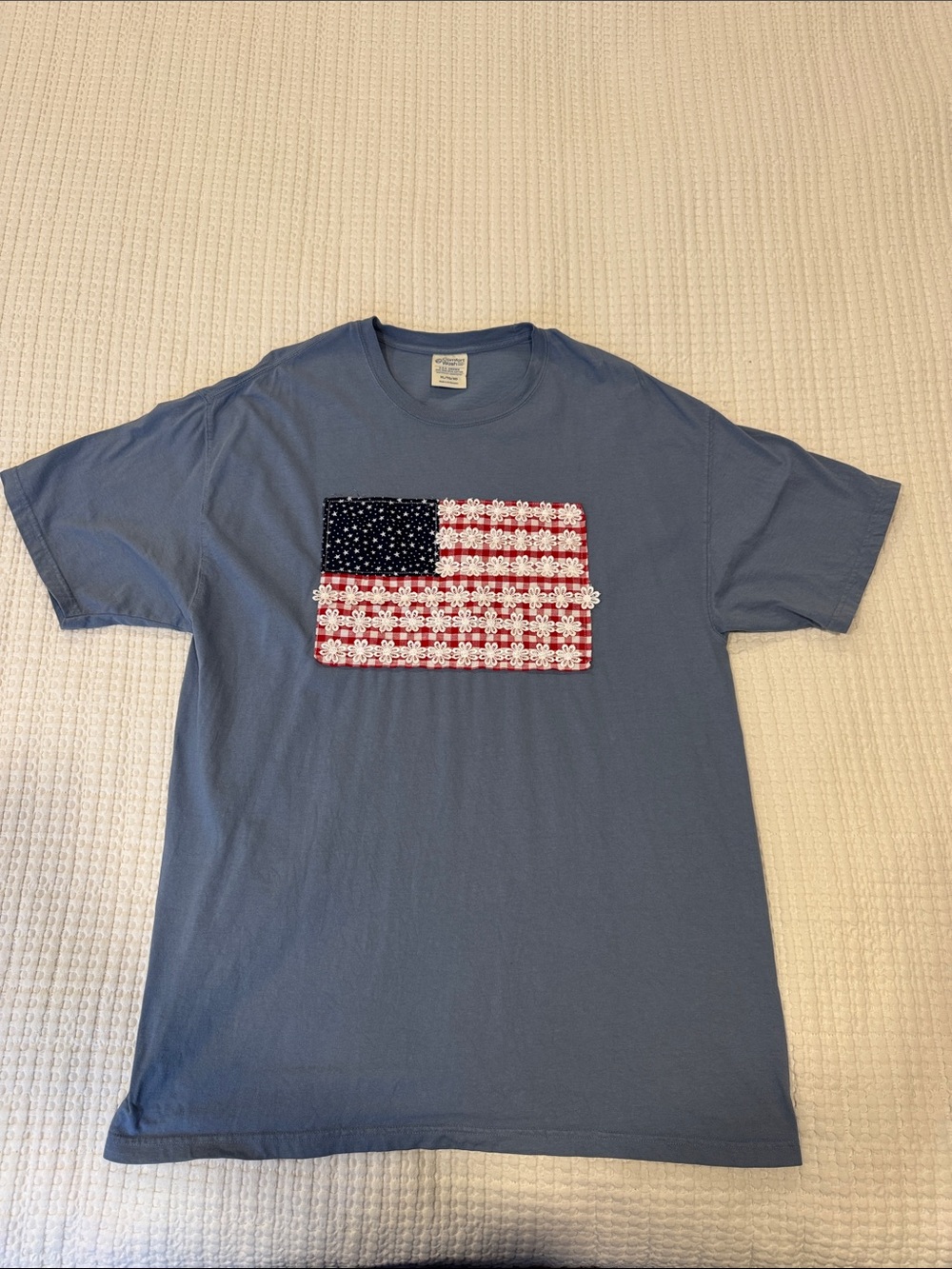 Classic Comfort Women’s Tee with American Flag Patch - Blue